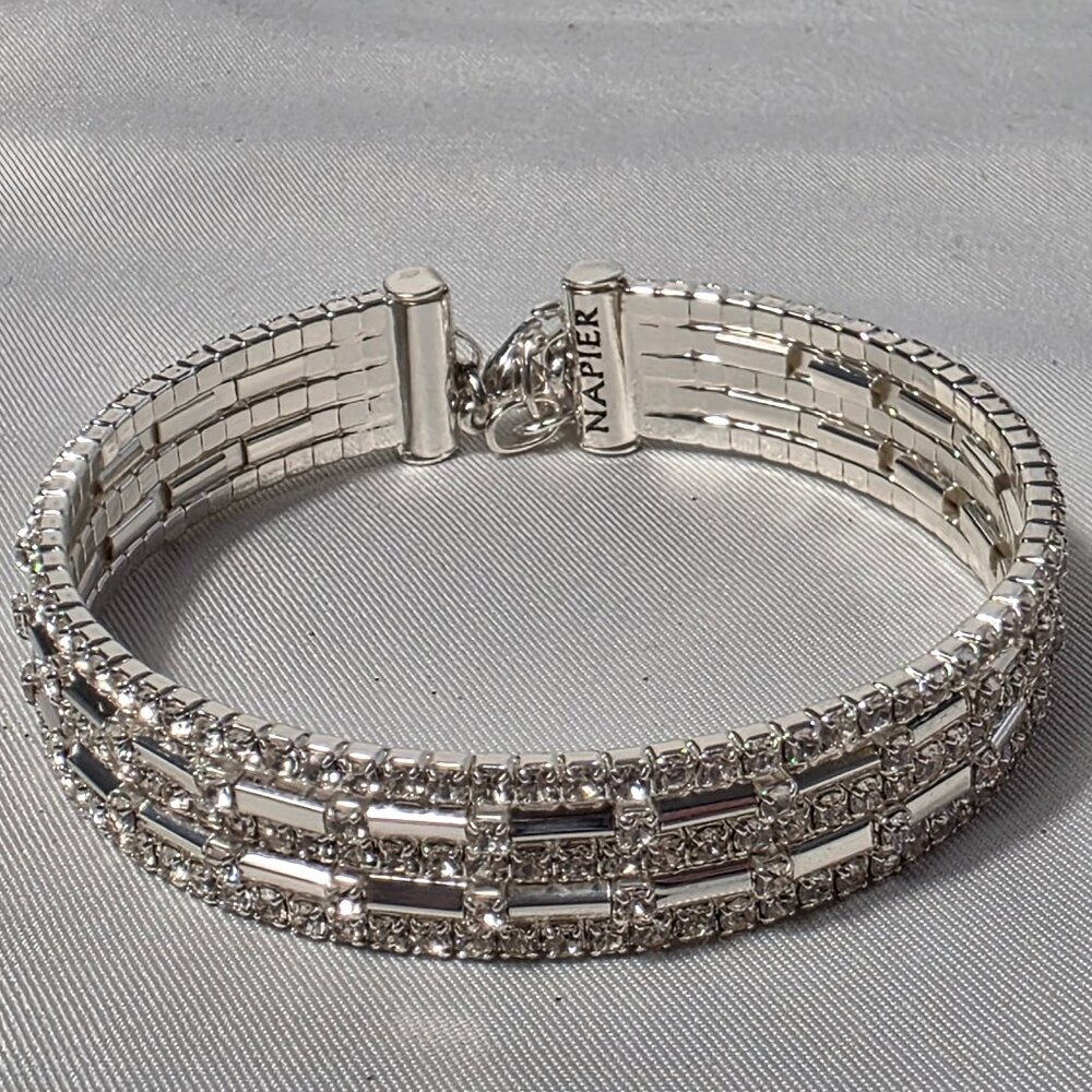 Napier Silver Tone Crystal Rhinestone Encrusted Bracelet Coil Flex Lobster Clasp